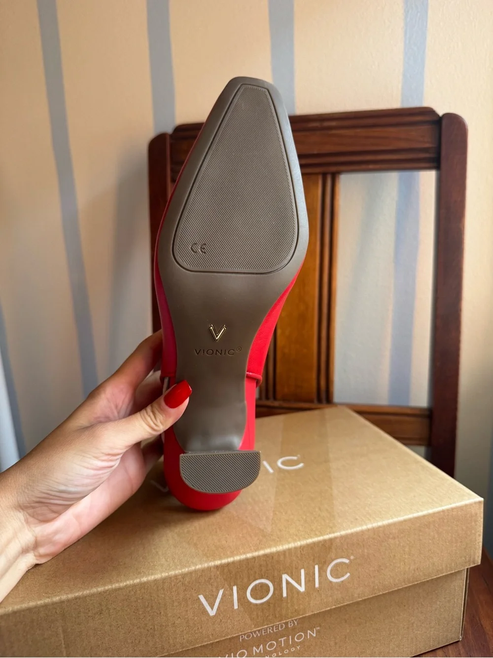 Vionic Red Pointed-Toe Slingback Pump with Button Strap